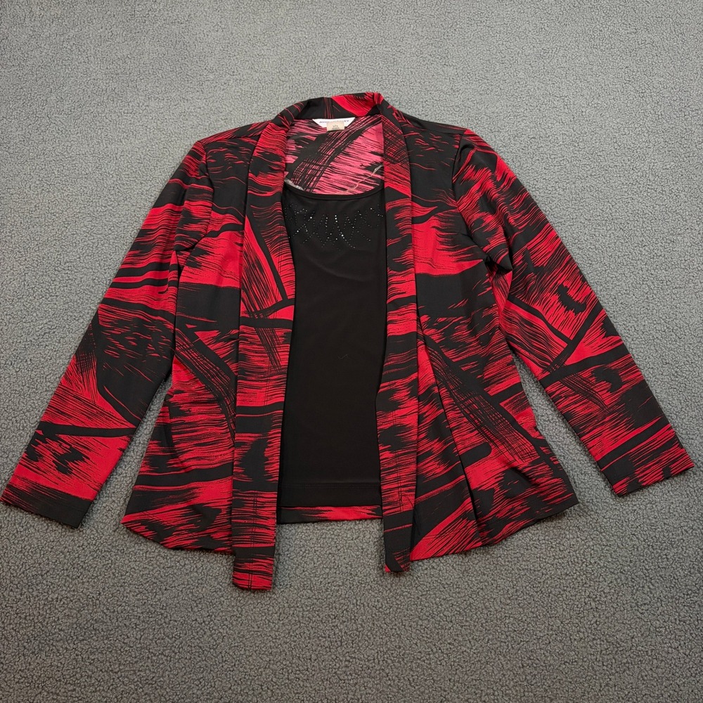 Allison Daley Cardigan Womens PS Red Black Abstract Open Front Layered Top 8970